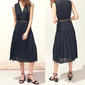 Claudie Pierlot Black Midi Dress 36 Waist Detail Classic French Designer sz 2 4